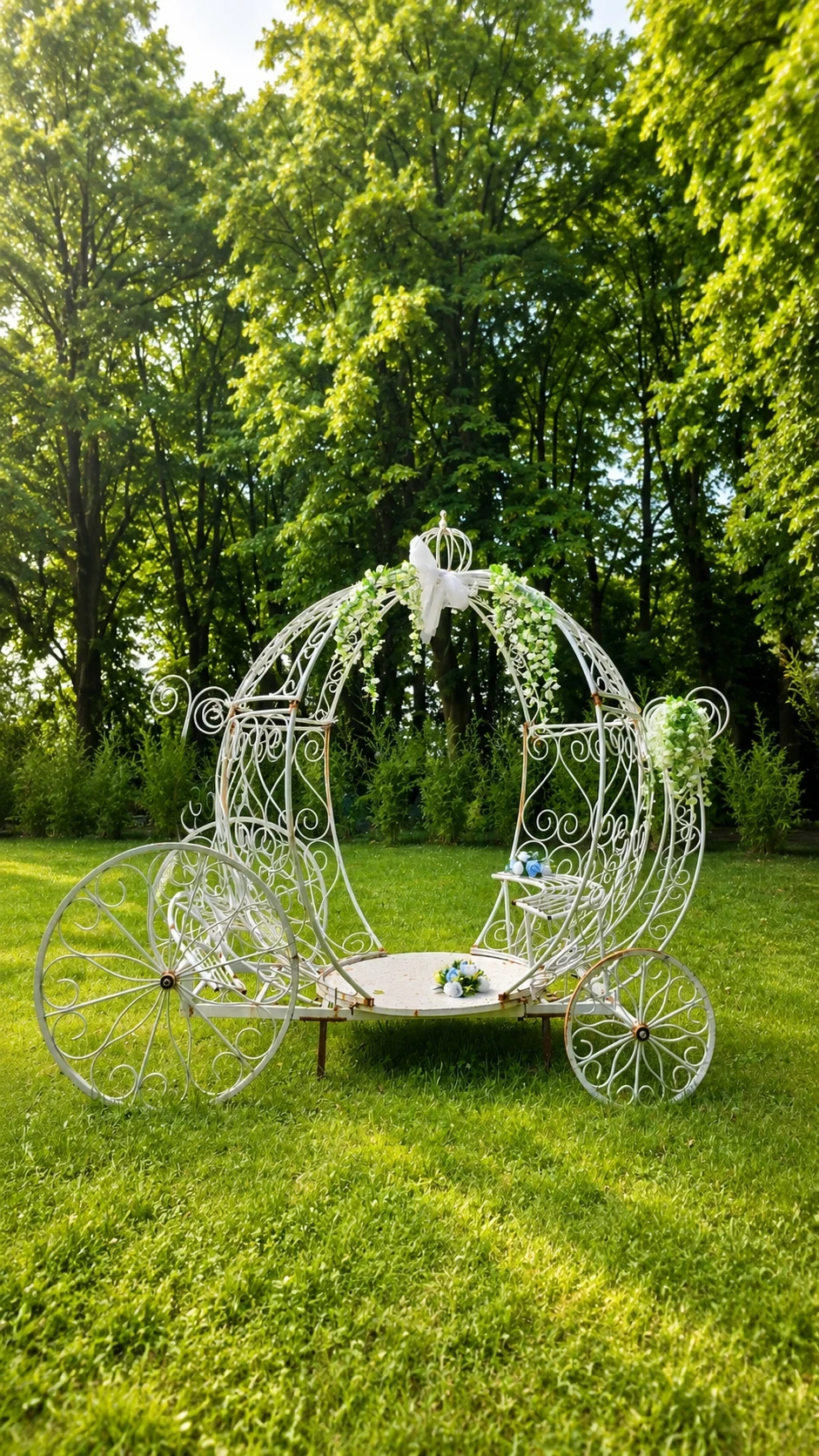 La carrozza ornamentale bianca tra gli alberi e il prato del parco di Fantastic Garden