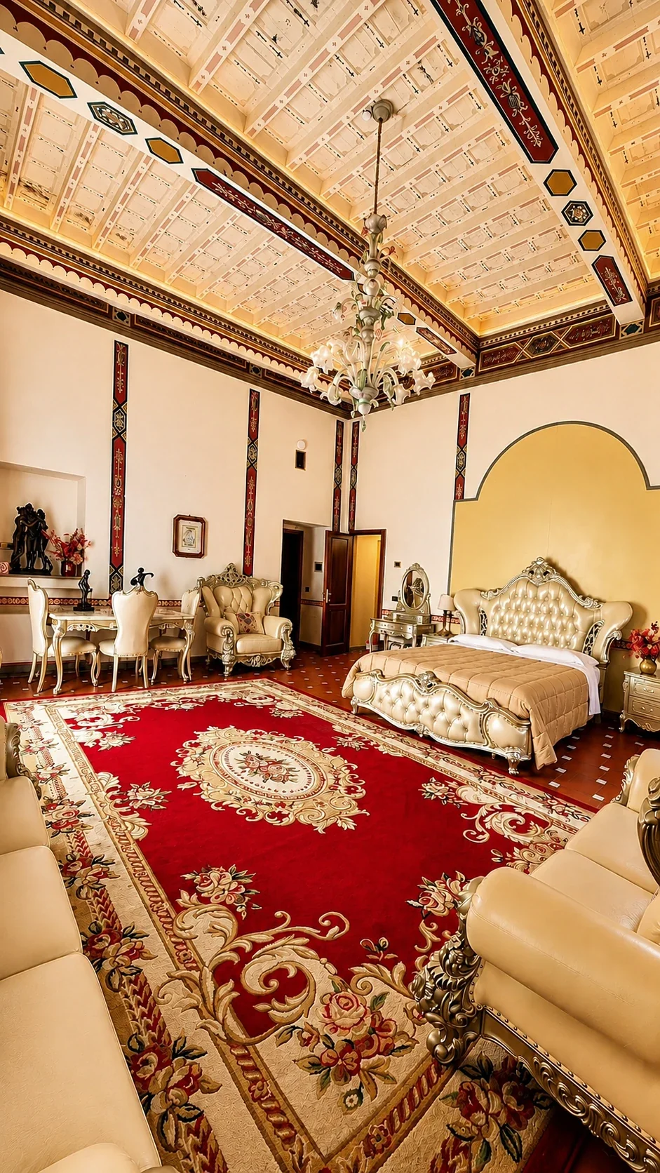 La Suite Reale della famiglia Ughi La Junior Suite 109 con letto capitonné, salotto, tappeto rosso e soffitto ligneo decorato
