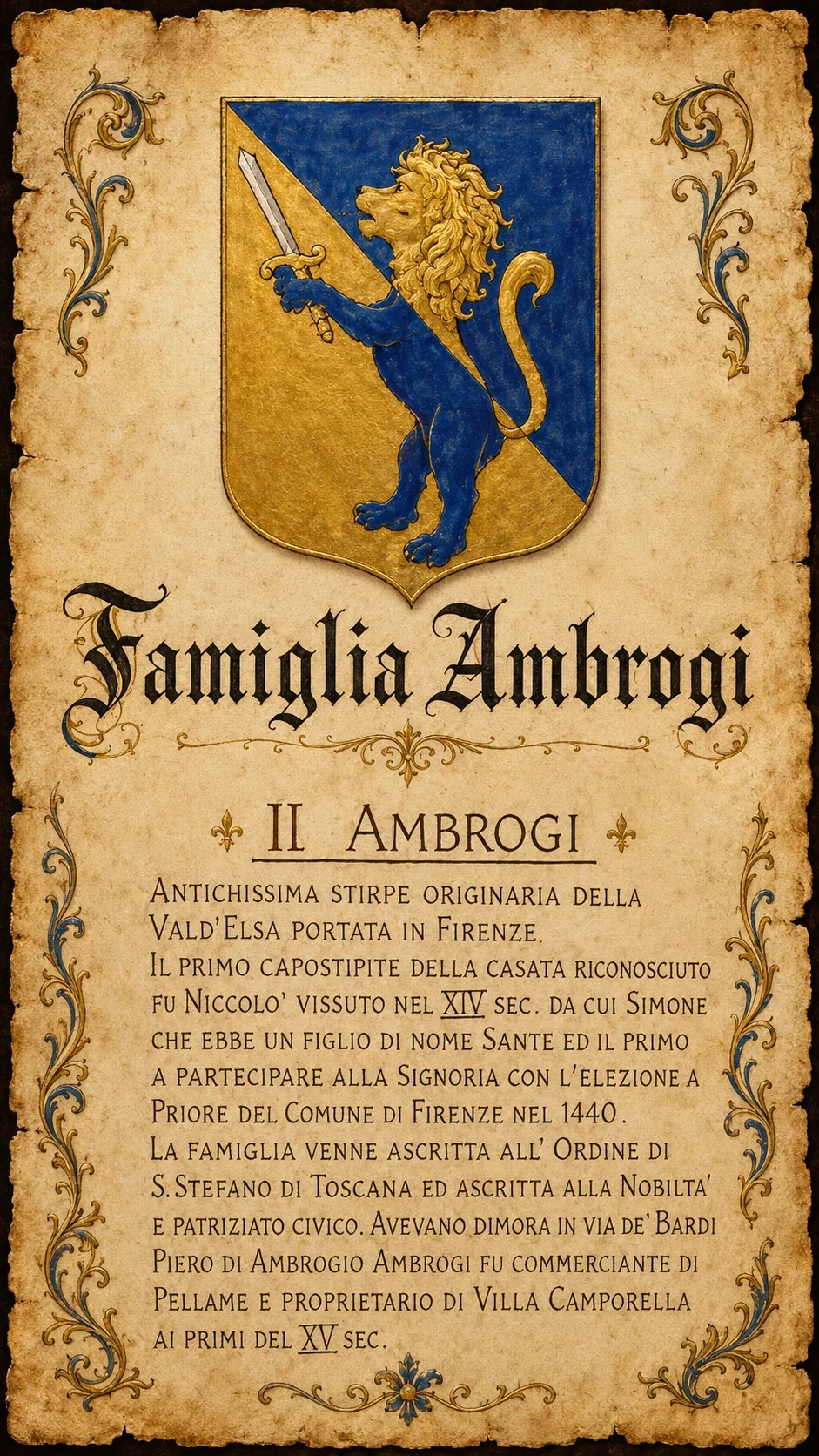La tavola illustrata con lo stemma e la storia della famiglia Ambrogi