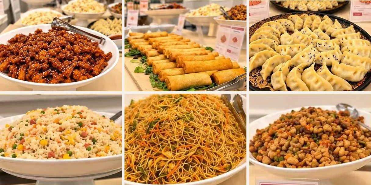 Il buffet cinese: maiale in agrodolce al sesamo, involtini primavera, ravioli, riso cantonese, spaghetti saltati e pollo Gong Bao