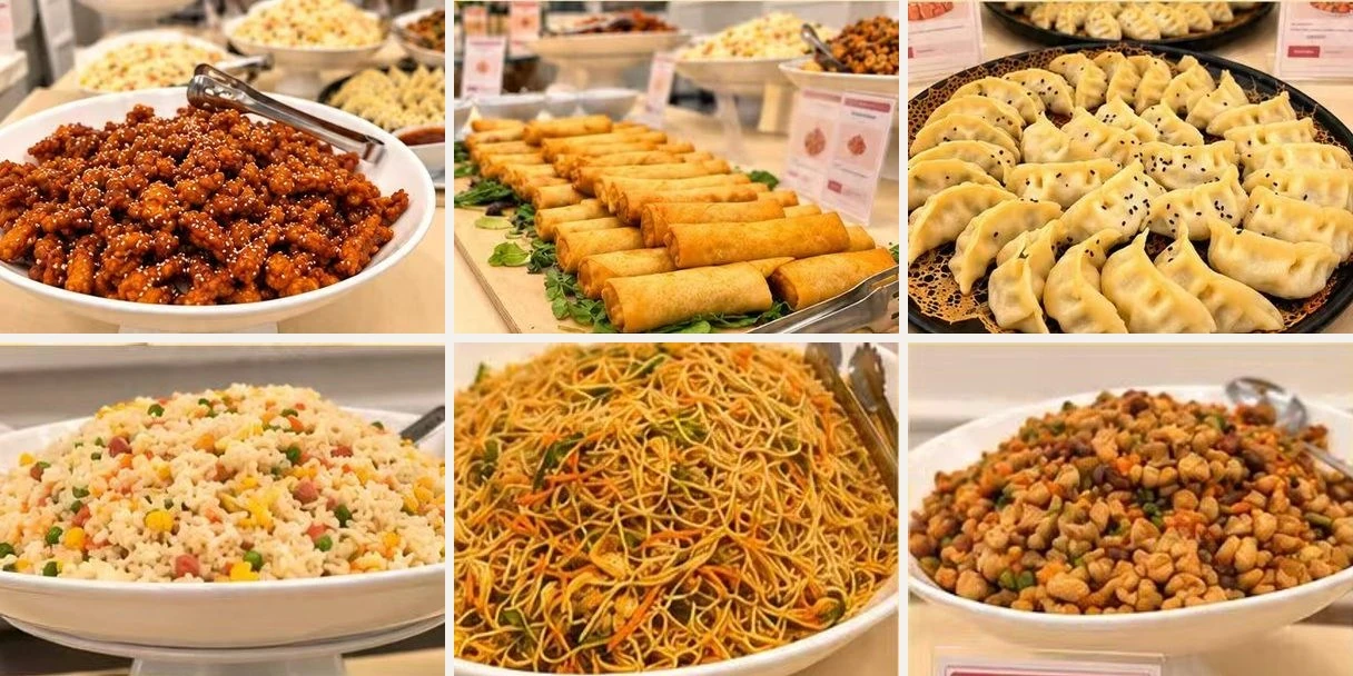 Il buffet cinese: maiale in agrodolce al sesamo, involtini primavera, ravioli, riso cantonese, spaghetti saltati e pollo Gong Bao