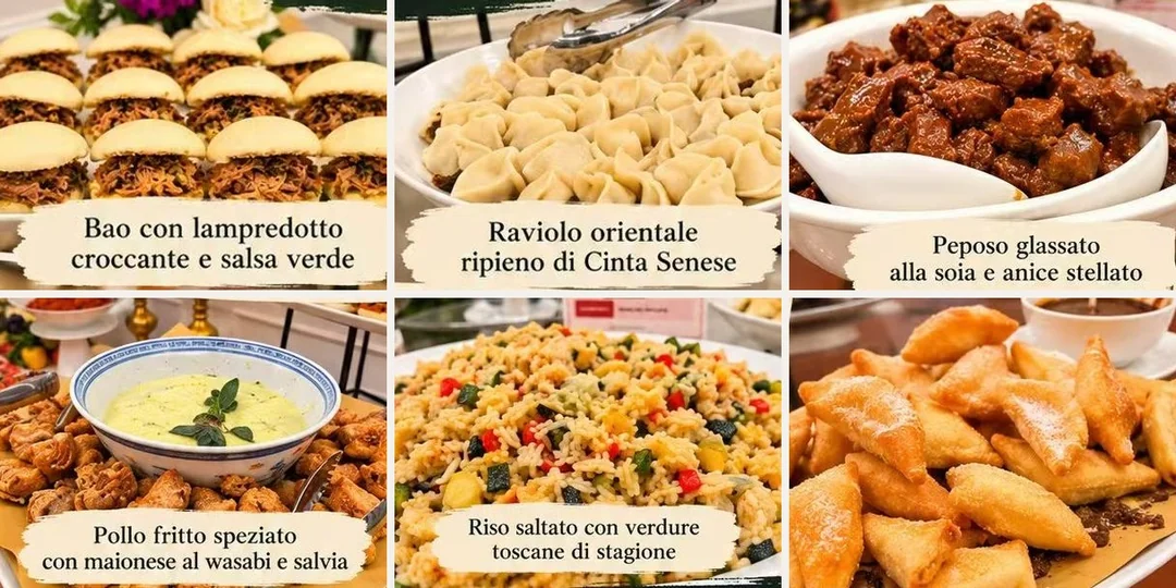 I piatti fusion dello chef Gaetano Micera: bao con lampredotto, ravioli di cinta senese, peposo glassato e riso saltato