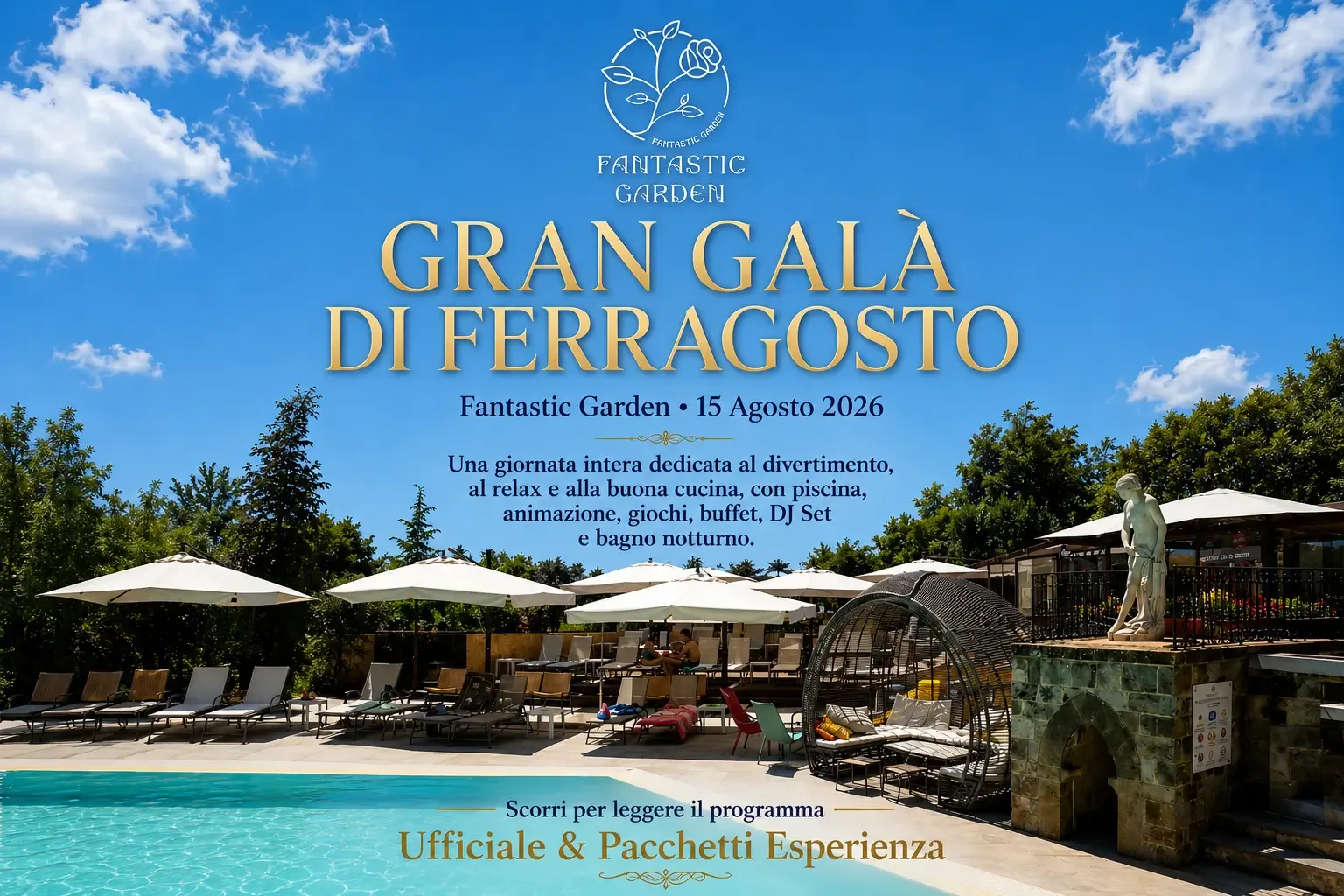 Poster for the Ferragosto Gala: the pool with its white parasols and the programme for the day
