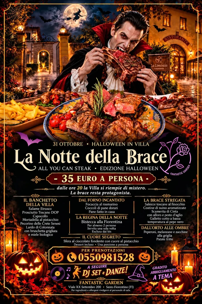 La Notte della Brace 海报,10月31日:吸血鬼在灯火通明的别墅前咬着牛排,下方是 All You Can Steak 万圣节菜单、35 欧元的价格和南瓜灯
