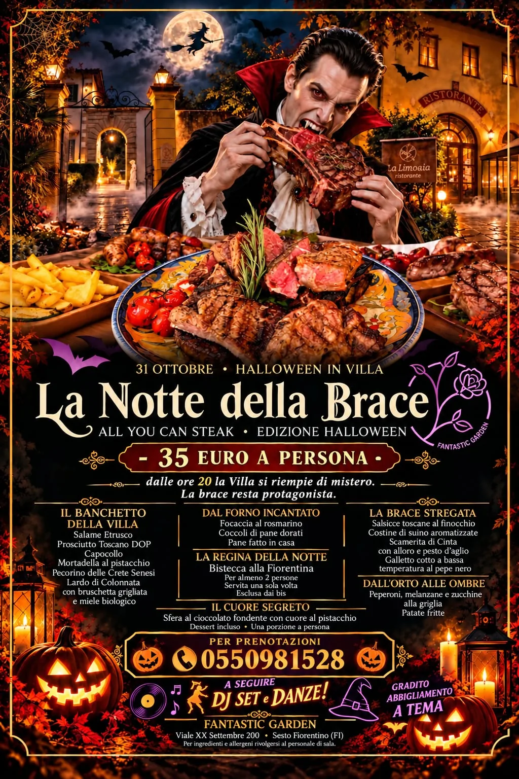 Locandina della Notte della Brace, 31 ottobre: un vampiro addenta una bistecca davanti alla villa illuminata, sotto il menù di Halloween di All You Can Steak, il prezzo di 35 euro e le zucche intagliate