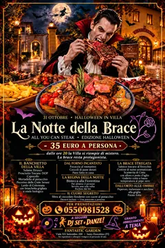 Poster for La Notte della Brace, 31 October: a vampire biting into a steak in front of the lit up villa, with the All You Can Steak Halloween menu, the €35 price and carved pumpkins below