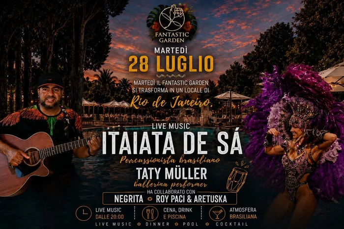 Locandina della serata brasiliana: il musicista con la chitarra e le ballerine in costume