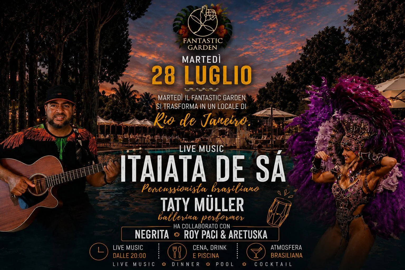 Poster for the Brazilian night: the musician with his guitar and the dancers in costume