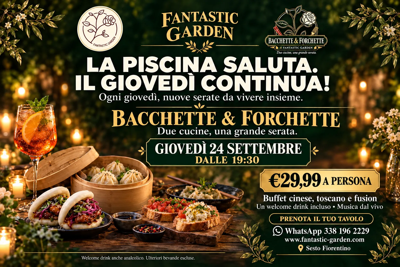 Locandina della serata: bao, ravioli al vapore e crostini toscani sullo stesso tavolo, fra le candele