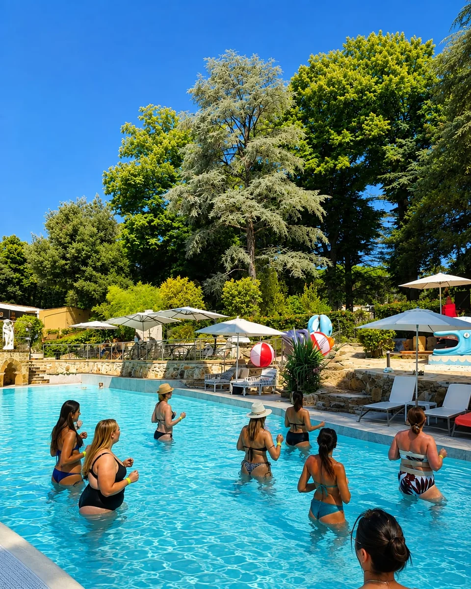 A group in the water during an aqua fitness class on a sunny day