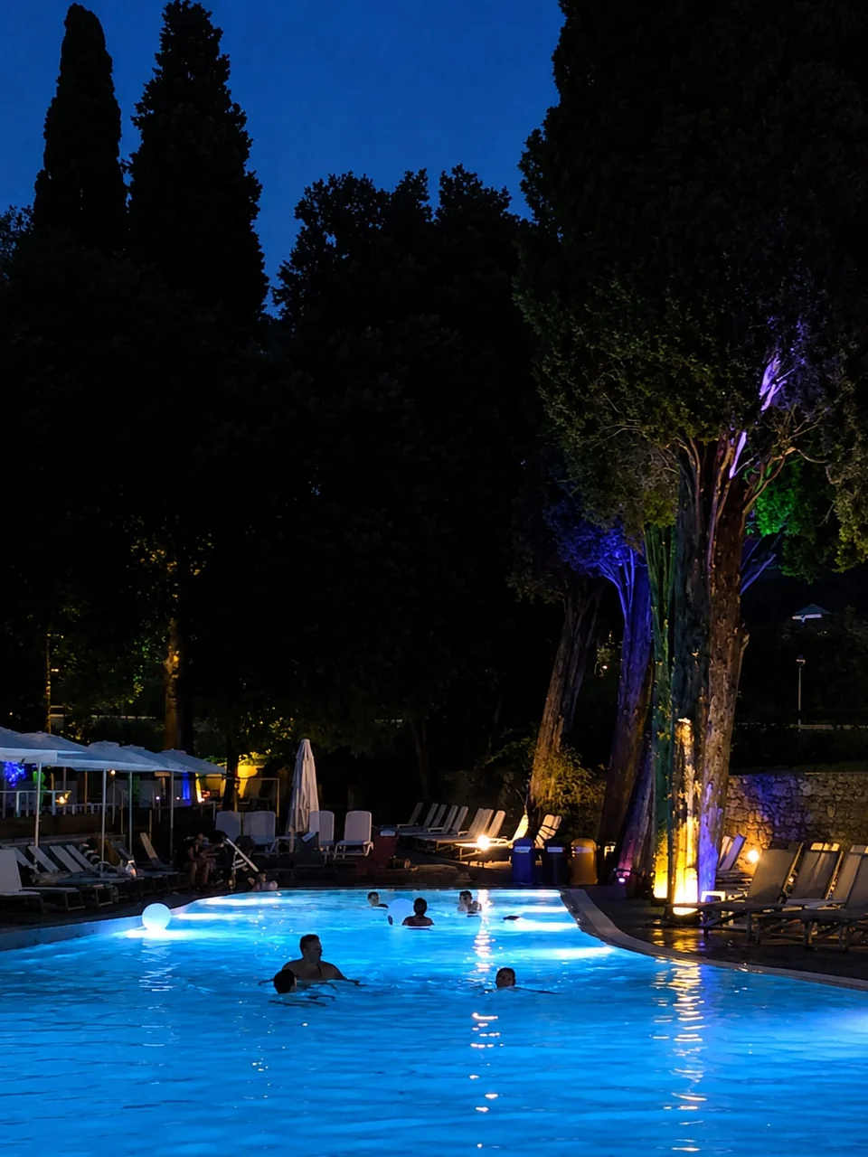 The evening swim: people in the blue-lit pool, with the trees of the park washed in purple and orange
