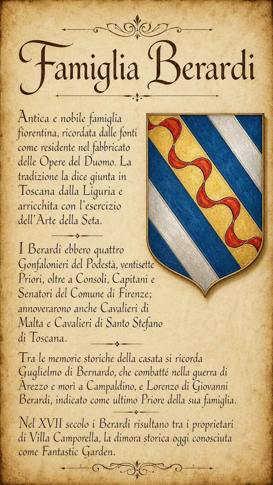 La tavola illustrata con il blasone e la storia della famiglia Berardi